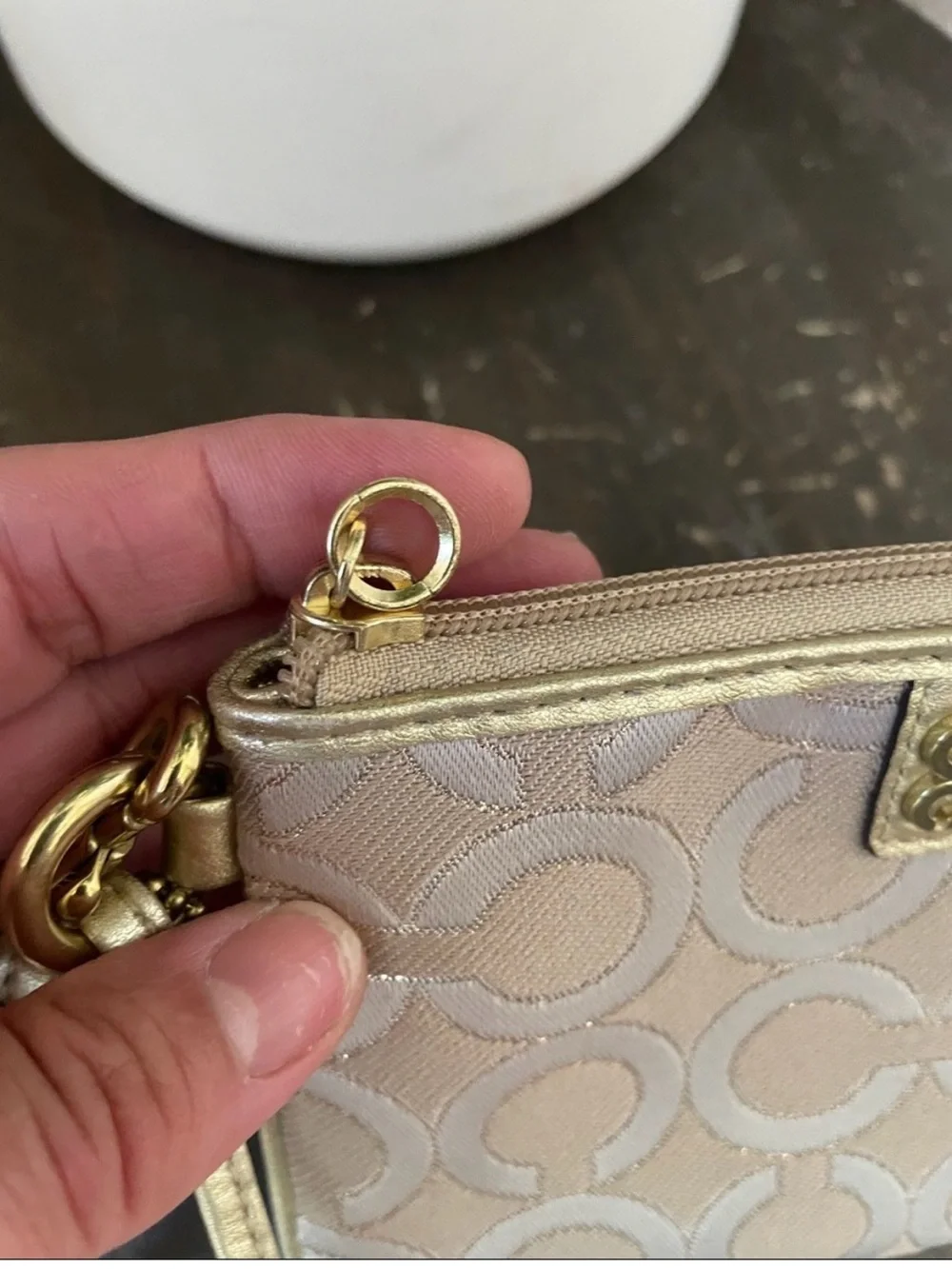 Coach OP Art Beige & Gold Wristlet Pouch